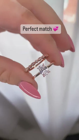 Moissanite bridal ring set with 1.5CT oval cut Solitare engagement ring and art deco band in silver 925, yellow gold, rose gold