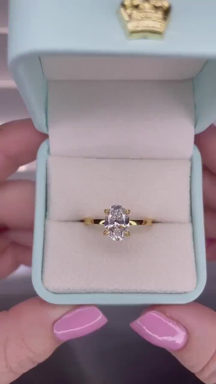 Oval Cut CZ Engagement Ring  Hidden Halo, Gold Over Sterling Silver