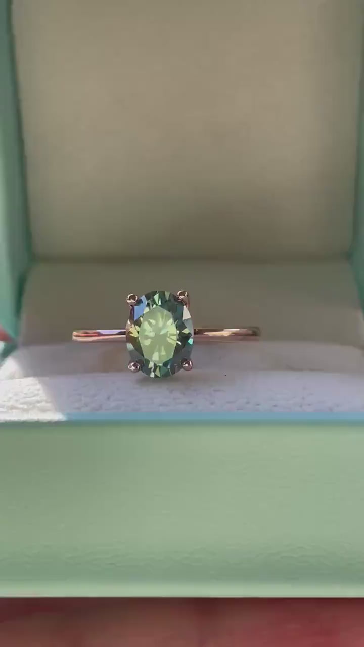 2CT oval green moissanite engagement ring in rose gold vermeil, yellow gold vermeil engagement ring, green gemstone ring, may birthstone