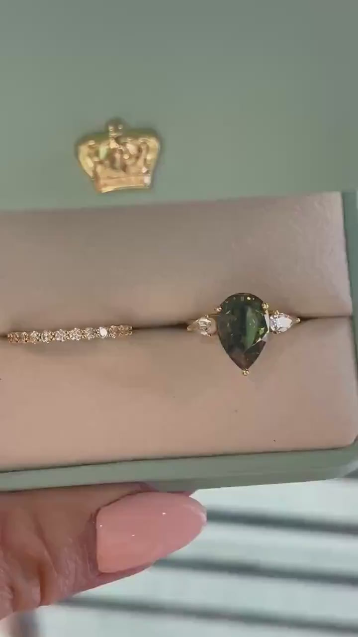 Three Stone Engagement Ring bridal set with Pear Shaped Crushed Ice Olive Green Simulated Diamond & Moissanite Band