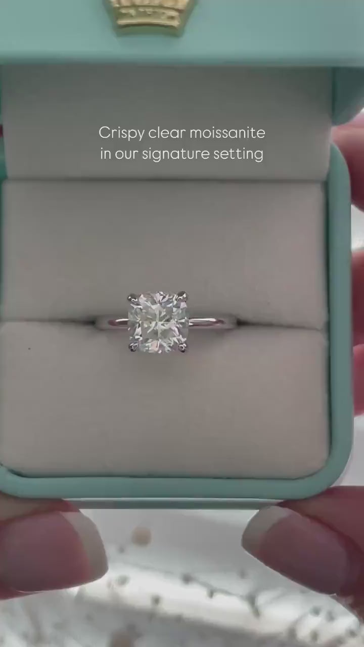 The Layla. 10K, 14K, 18K Gold, 2.5CT Cushion Cut Engagement Ring with D VVS clear Moissanite
