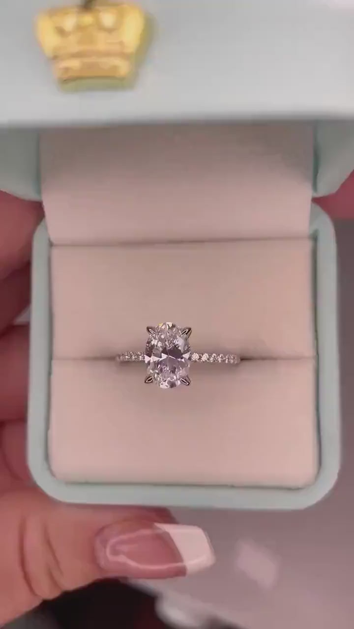 Hidden Halo. Sterling Silver 925 engagement ring with 2.5CT oval cut D VVS moissanite or CZ diamonds,yellow gold,rose gold