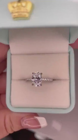 Hidden Halo. Sterling Silver 925 engagement ring with 2.5CT oval cut D VVS moissanite or CZ diamonds,yellow gold,rose gold