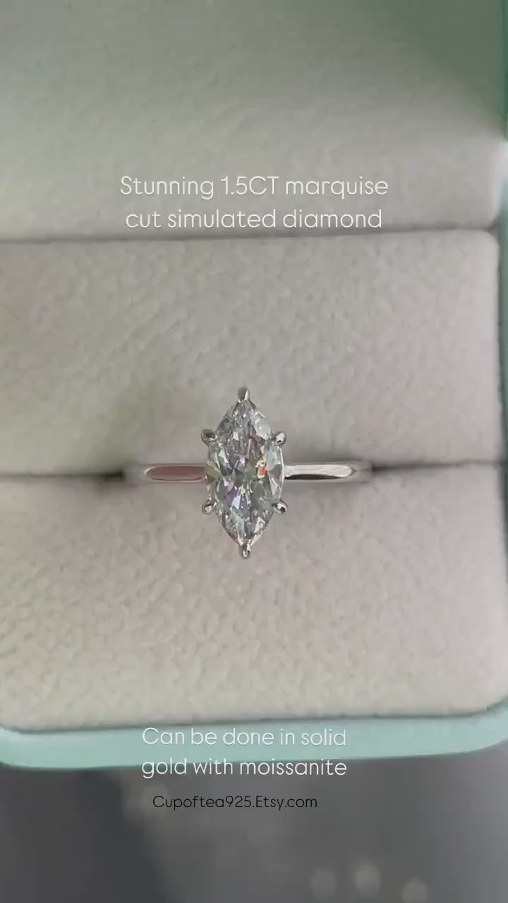 Marquise Cut CZ Diamond Engagement Ring: Sterling Silver, Gold Rose gold Vermeil
