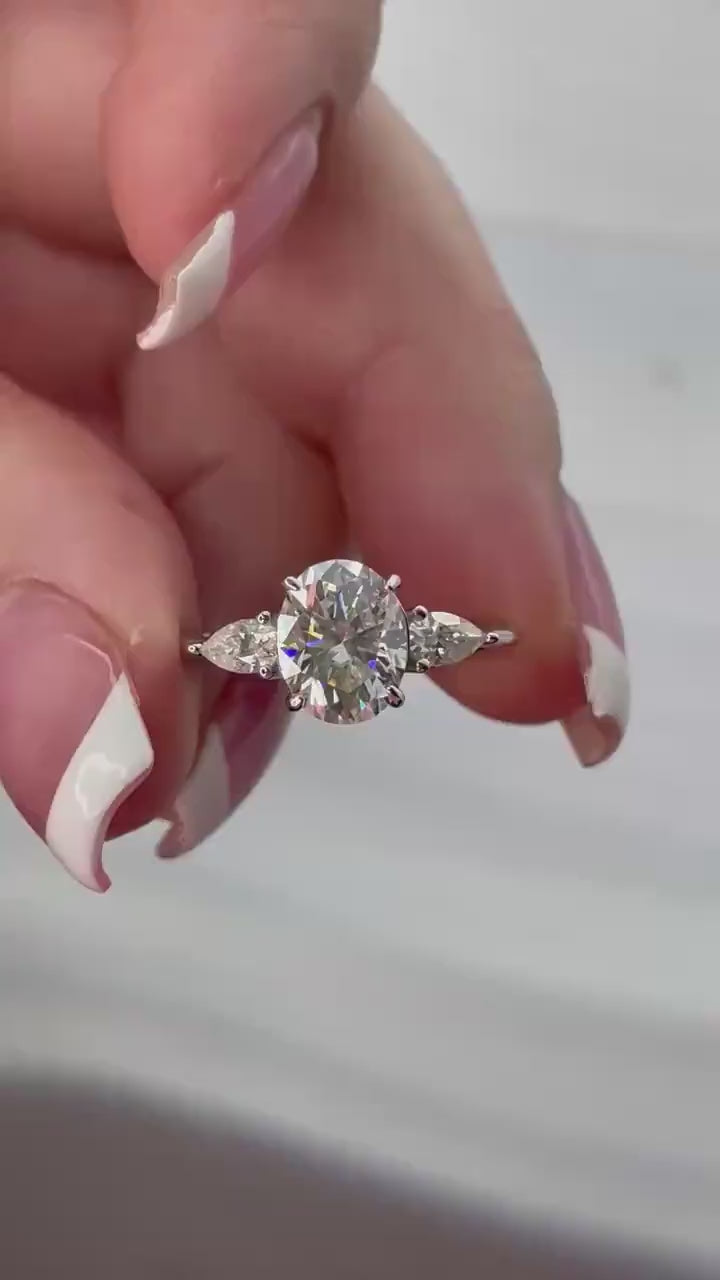 Oval Moissanite Engagement Ring: Sterling Silver Three Stone Promise Ring