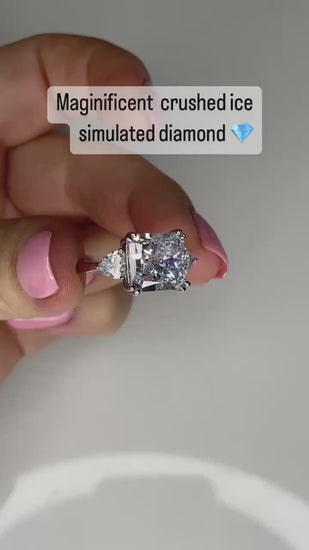 Sterling Silver 925 engagement ring with 3CT 5CT crushed ice square radiant cut 8A CZ  diamond, 3 stone ring