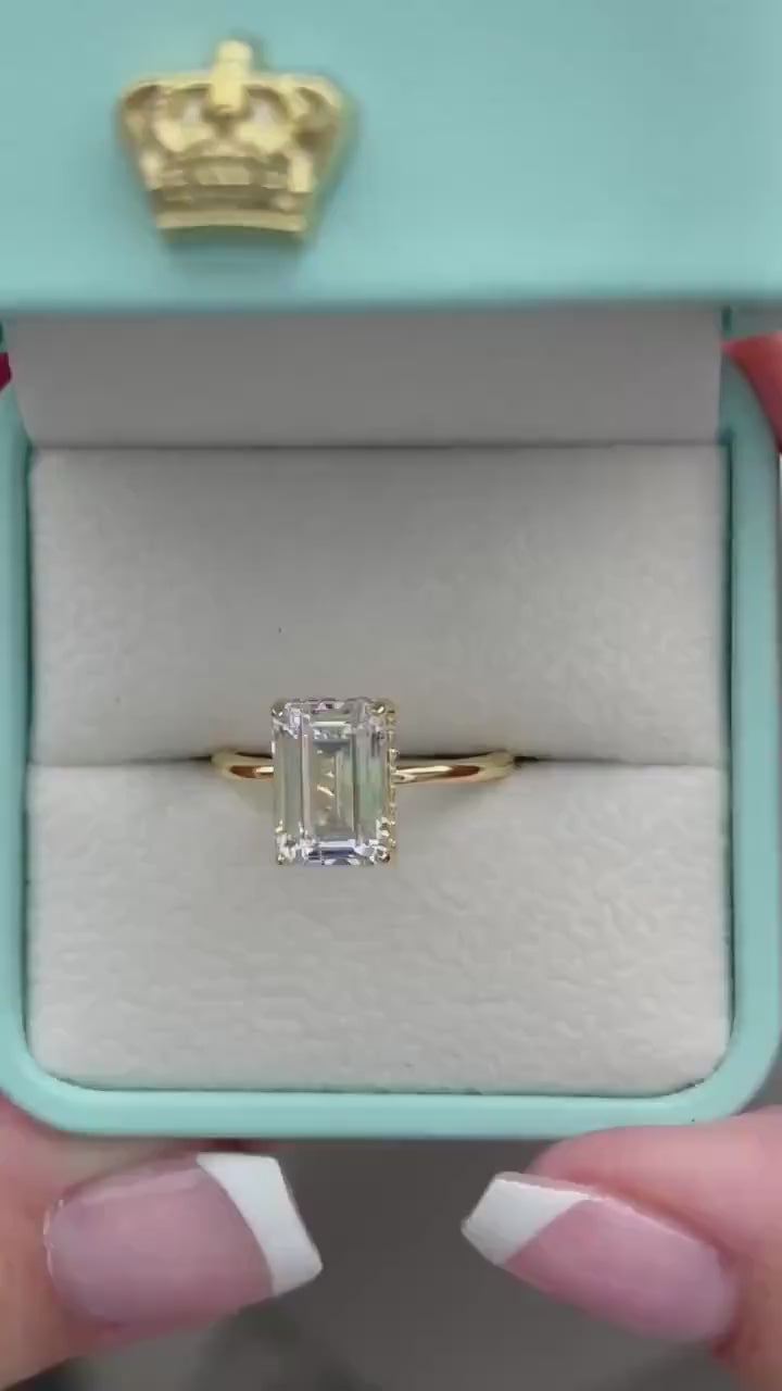 New In! Hidden Halo. Yellow gold over sterling silver 925 engagement ring with 2CT, 3CT emerald cut CZ simulated diamond, dainty band