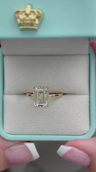 New In! Hidden Halo. Yellow gold over sterling silver 925 engagement ring with 2CT, 3CT emerald cut CZ simulated diamond, dainty band