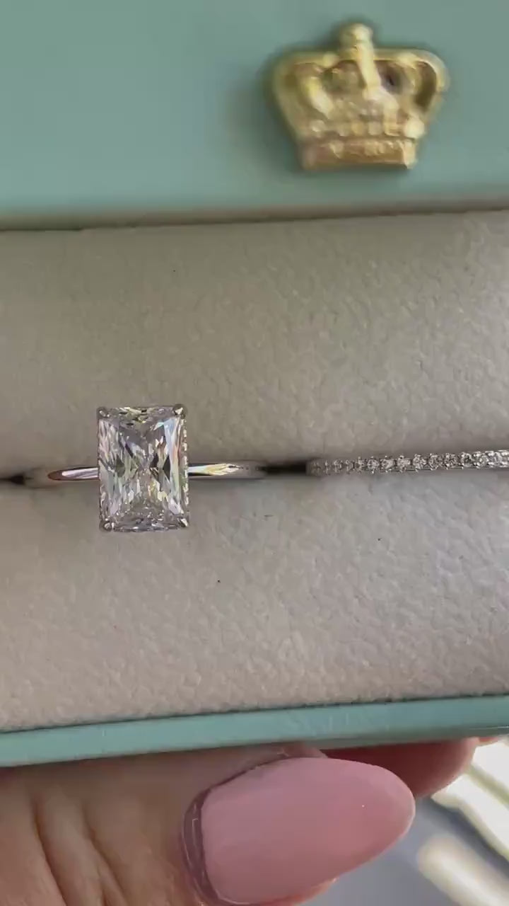 Sterling Silver 925 , gold vermeil Bridal Set with 3 carat  Radiant Cut CZ engagement ring with hidden halo and full eternity band