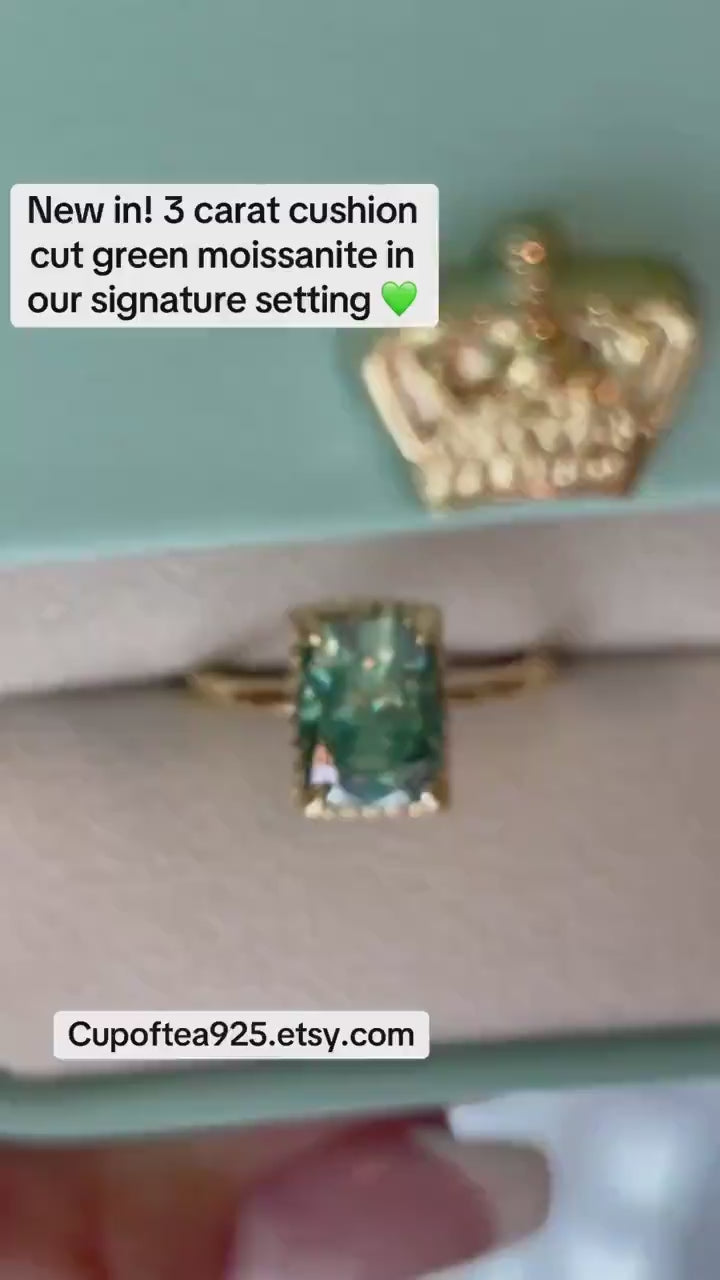 3 carat cushion cut green moissanite engagement ring. Sterling silver, gold vermeil green moissanite ring, May birthstone ring, gift for her