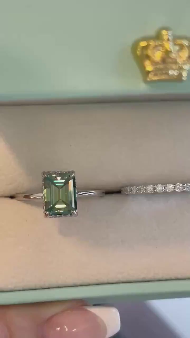 3 carat emerald cut green moissanite engagement ring set, silver ring , gold vermeil green moissanite ring, green stone ring, gift for her
