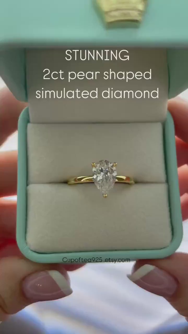 Yellow Gold Vermeil, Sterling Silver 925 2CT or 3.5CT CZ  Pear cut Solitaire Engagement Ring, tear drop ring, travel ring
