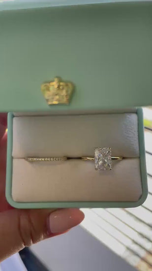 Sterling Silver 925 , gold vermeil Bridal Set with 3 carat  Radiant Cut CZ engagement ring with hidden halo and full eternity band