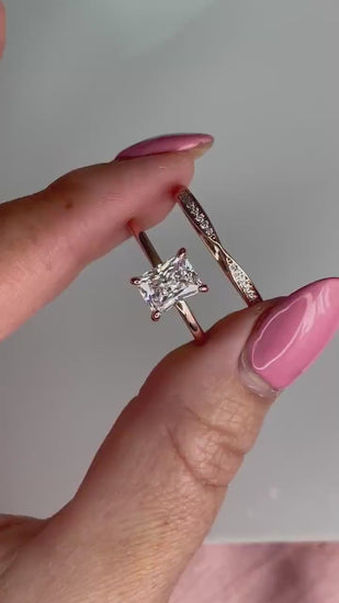 Radiant Cut CZ Solitaire Bridal Set: 18K Gold Over Sterling Silver, Moissanite Band