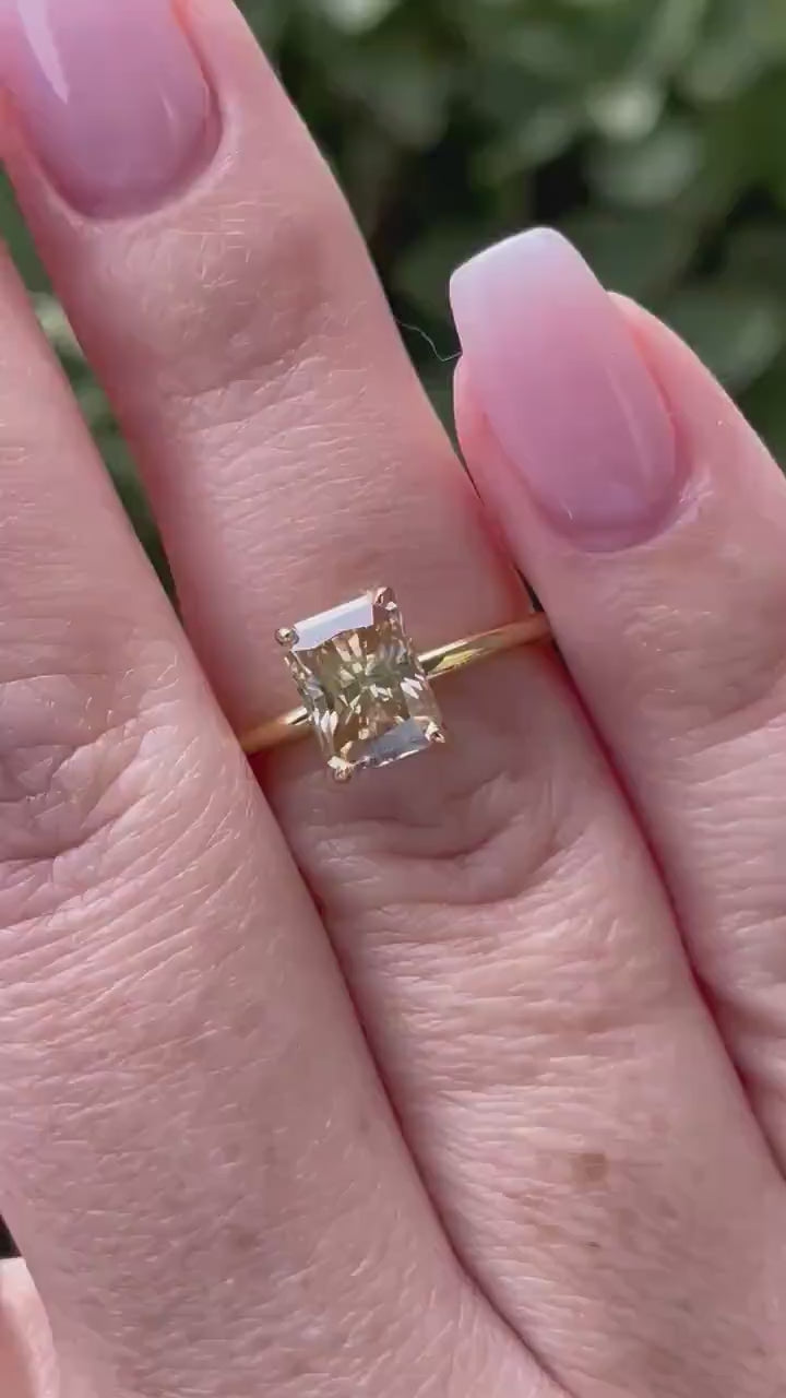 2CT radiant cut champagne moissanite engagement ring with hidden halo, gift for her