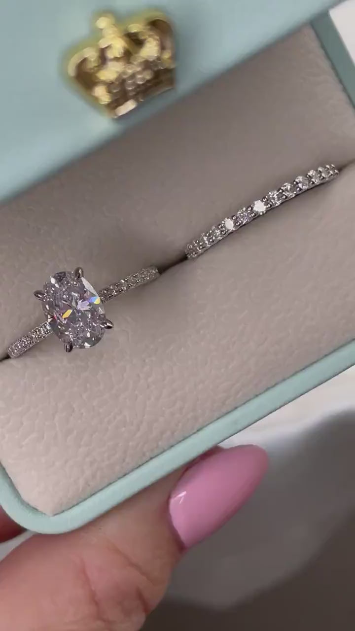 Sterling Silver Bridal Ring Set 2.5CT Oval CZ Hidden Halo, Half Eternity Band