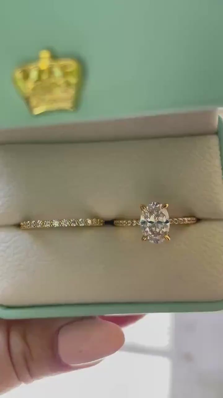 2.5CT Oval Simulated Diamond Engagement Ring Set – Sterling Silver with Rhodium, Rose Gold, or Yellow Gold Vermeil + Half Eternity Band