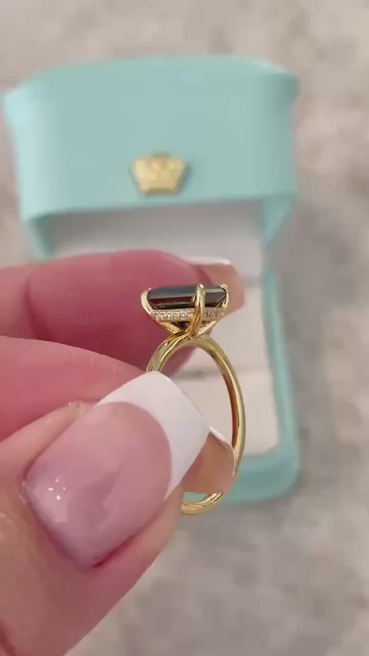 Black moissanite engagement ring, yellow gold vermeil , silver 925 emerald cut ring with black moissanite, black stone ring