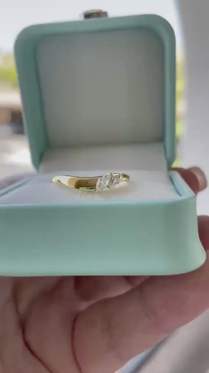 Curved wedding band. Yellow gold, rose gold over silver 925 curved stacking band with marquise cut CZ diamonds
