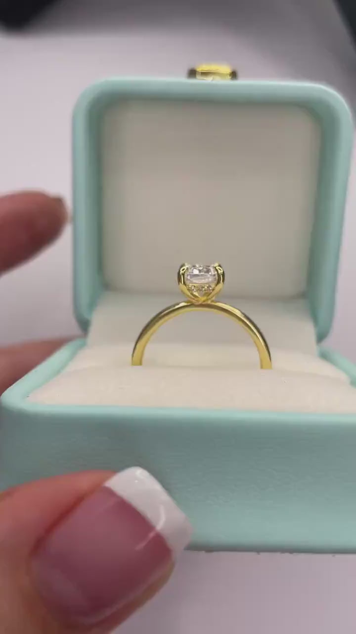 The Madison. Hidden halo. Sterling Silver 925, Yellow Gold over Sterling Silver 925,  2.5CT elongated cushion cut engagement ring.