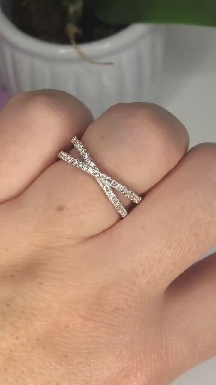 Sterling Silver 925 Criss Cross Ring With CZ Diamonds or Moissanite