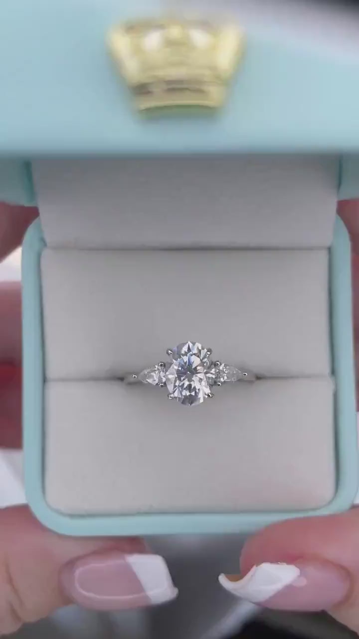 Moissanite Engagement Ring: Sterling Silver 925, 2CT Oval Cut, Three Stone