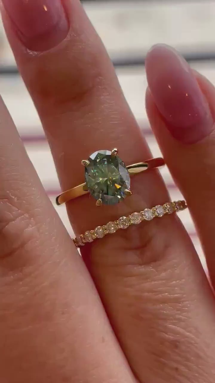 2 carat oval cut green moissanite engagement ring set, gold vermeil green moissanite ring, green stone ring, gift for her