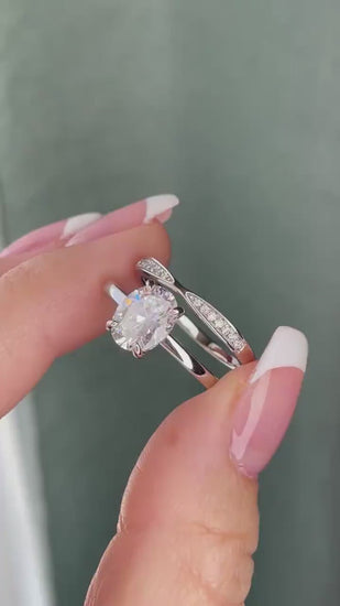 Moissanite engagement ring set. Sterling Silver 925 bridal set with 2CT oval cut moissanite or CZ solitaire and curved moisanite band.
