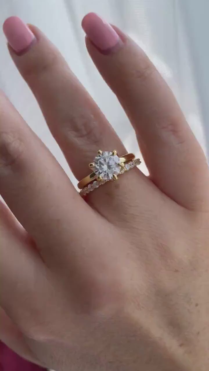 Yellow Gold over Sterling Silver 925 Bridal Set with 2CT Round Brilliant Cut engagement ring and half eternity band.