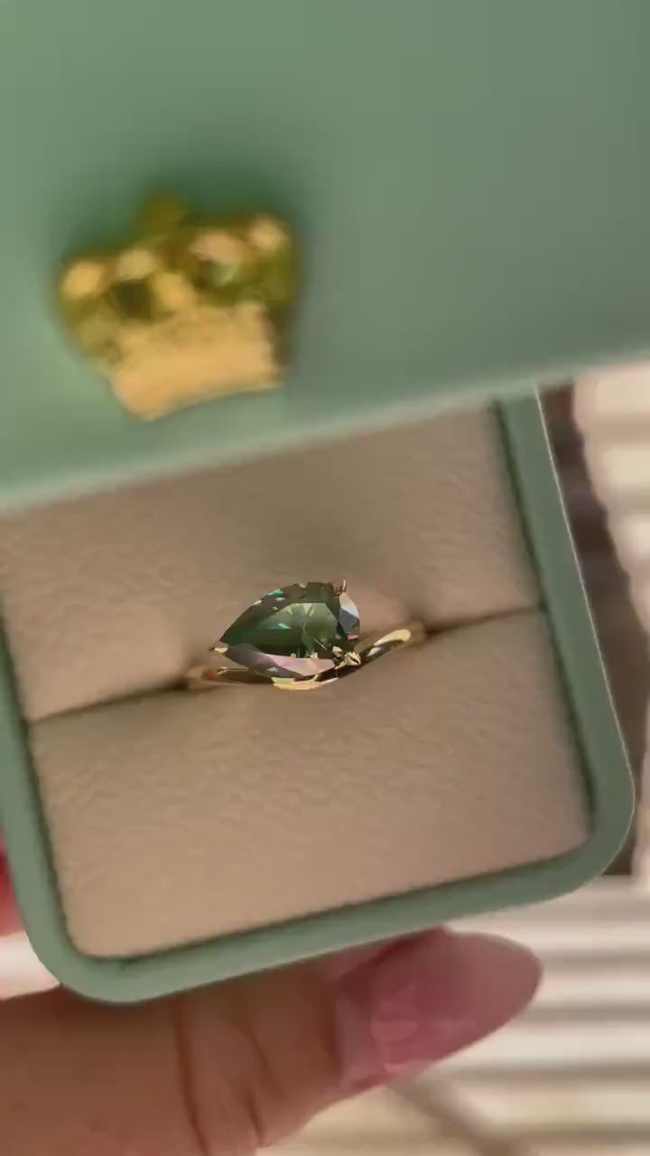 East West Pear Cut Green Moissanite Sterling Silver Engagement Ring, green stone ring, May birthstone ring, gift for her