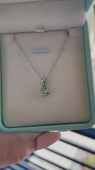 Blue Green Moissanite Necklace , Sterling Silver, 0.8ct Blue green , green Sparkling Moissanite  Pendant with Chain