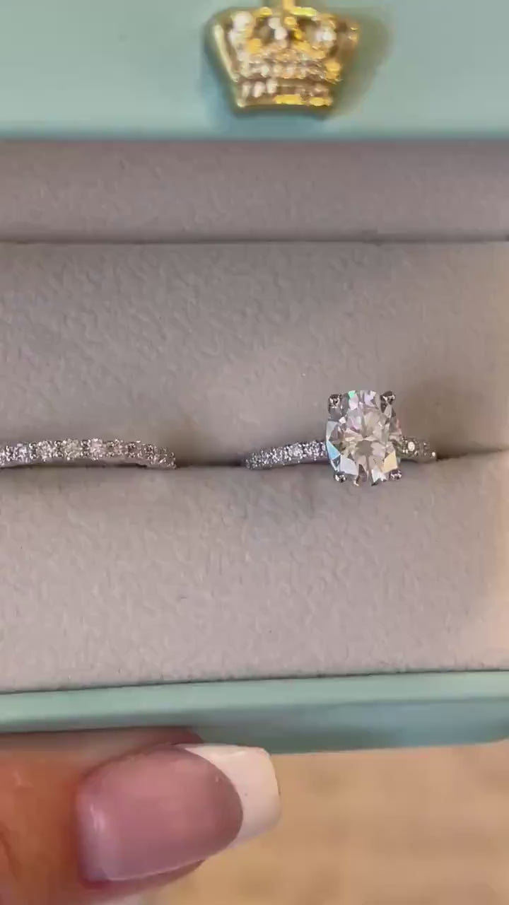 Oval Cut Moissanite Engagement Ring Set , Sterling Silver with 14K Gold or Rhodium Finish Half Eternity Band, proposal ring, 2 carat ring