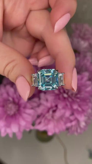 Sterling Silver 925 engagement ring with 7CT Blue Aquamarine Asscher Cut Simulated Diamond