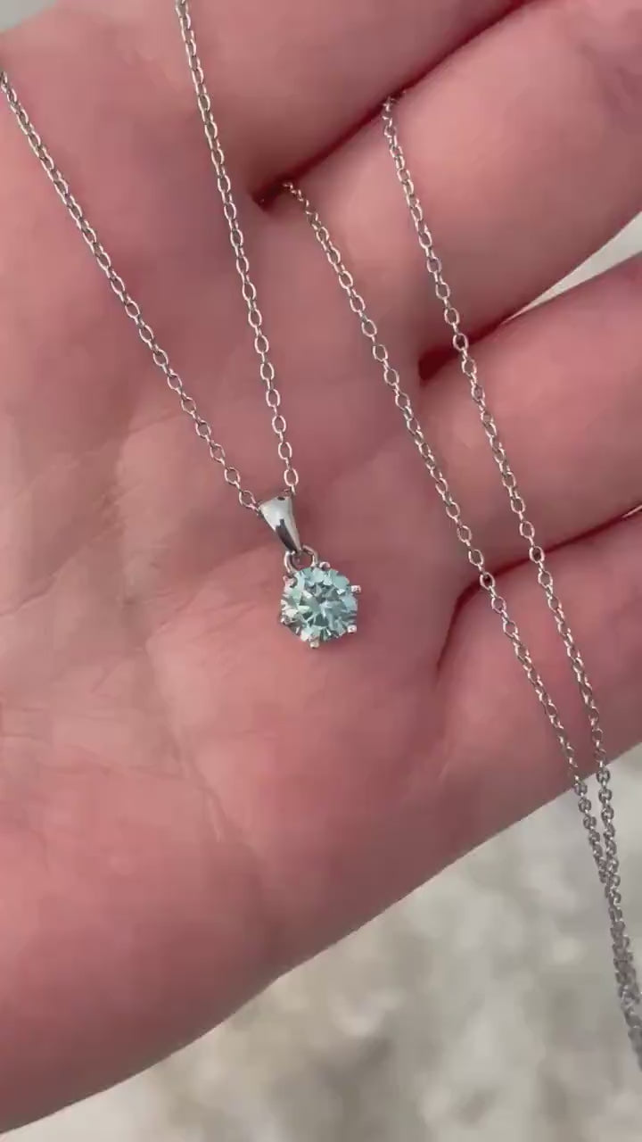 Blue Moissanite Necklace , Sterling Silver, 0.8ct  Sparkling Blue Moissanite  Pendant with Chain