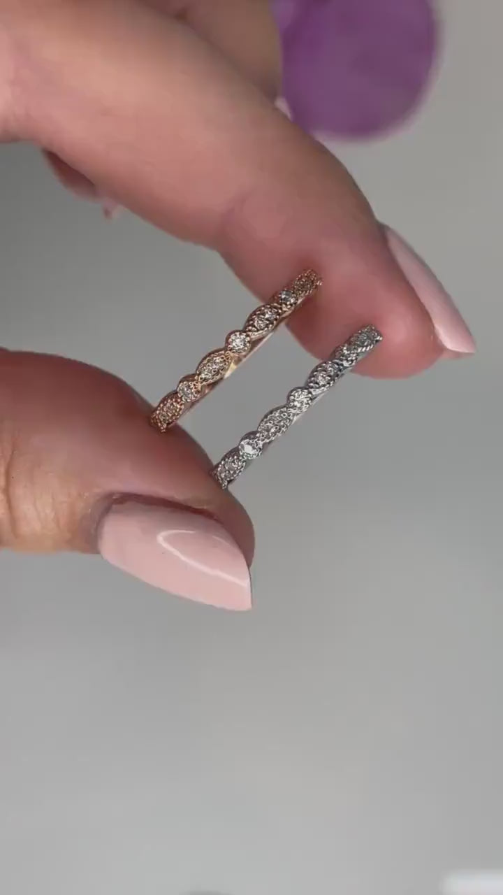 Moissanite. Milgrain Marquese and dot half eternity band with round brilliant cut moissanites in Sterling Silver or Rose Gold Vermeil