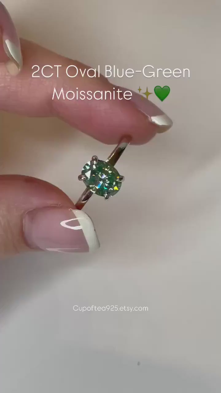 Blue-Green Moissanite Engagement Ring: Sterling Silver Hidden Halo