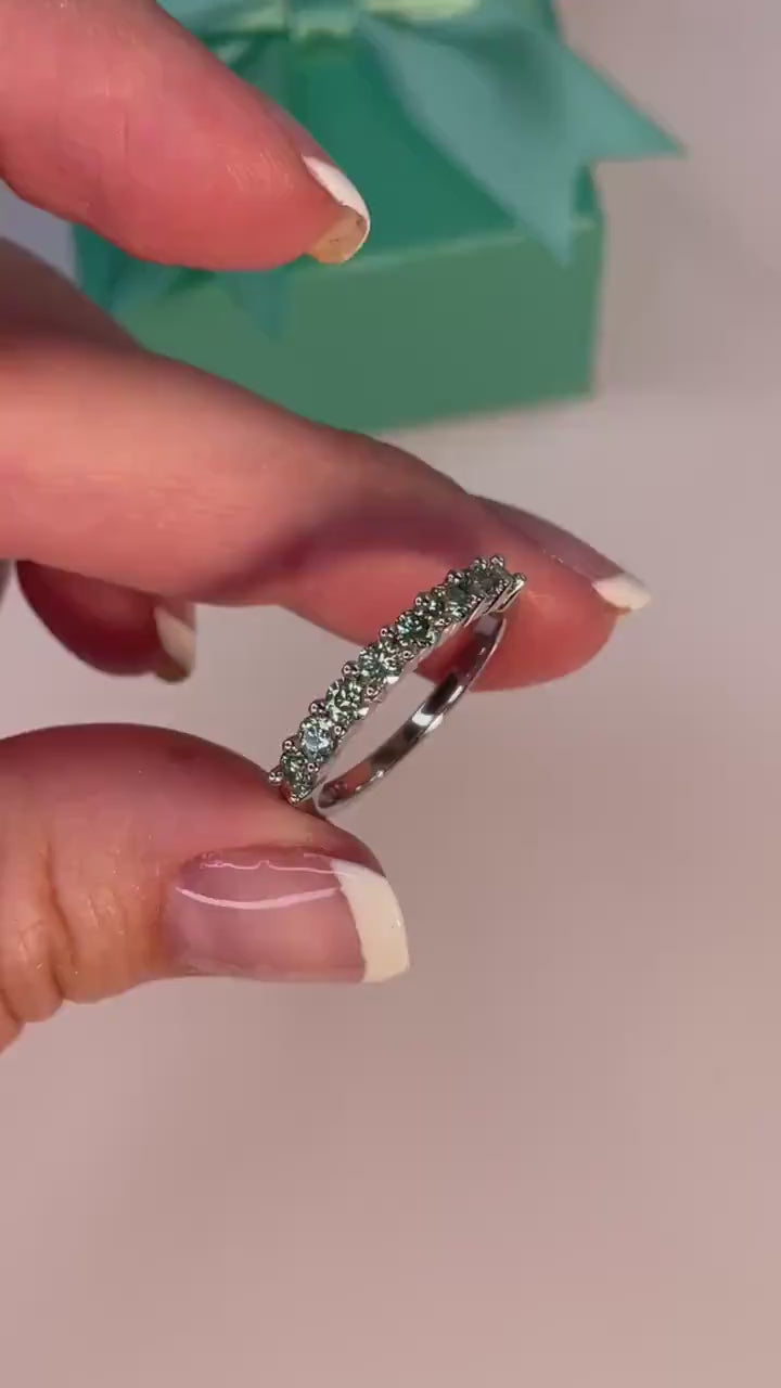 Green Moissanite band. Sterling silver 925 half eternity band with Green Moissanite, wedding band, moissanite ring