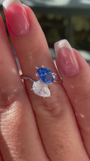 Sterling Silver 925 Toi et Moi engagement Ring with crushed ice blue sapphire