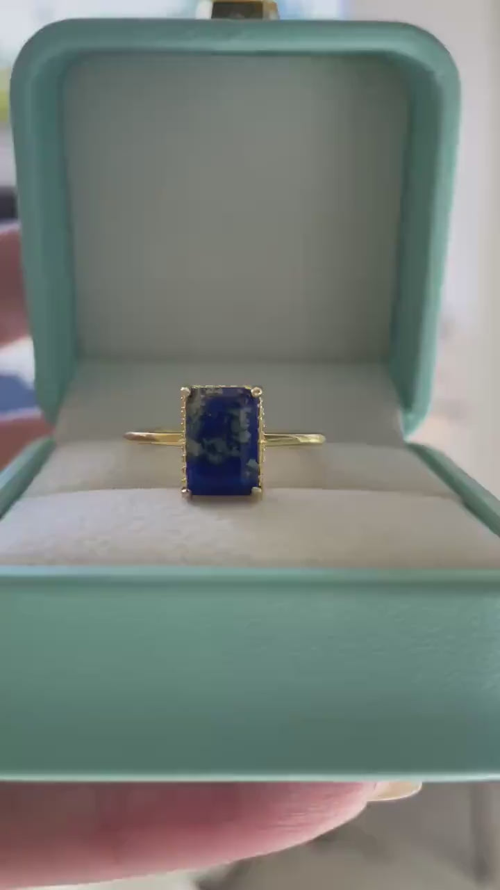 Emerald Cut Lapis Lazuli Ring: Yellow Gold Vermeil Sterling Silver, Hidden Halo