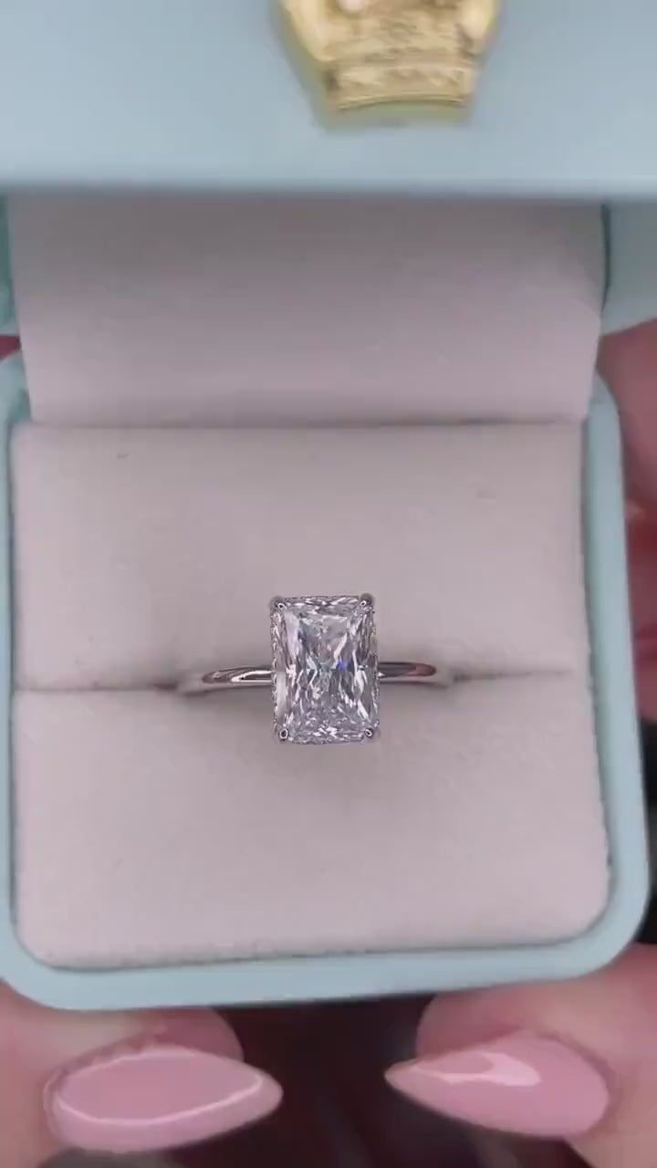 The Grace. Hidden halo. Sterling Silver 925 engagement ring with 2CT,  3CT radiant cut CZ simulated diamond and hidden halo.