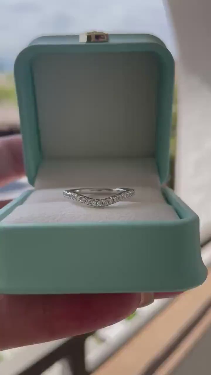 Curved CZ Diamond Stacking Band, Yellow Gold over Sterling Silver wedding band