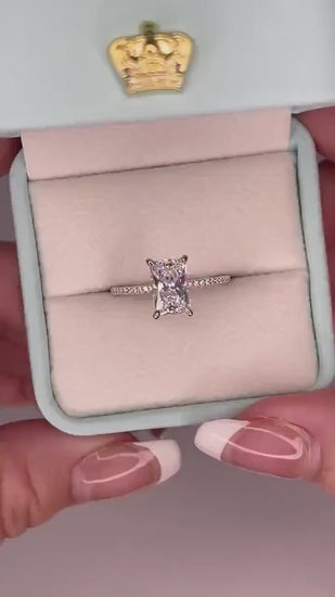 The Harmony. Hidden Halo. Sterling Silver 925 engagement ring with 2.2CT radiant cut CZ simulated diamond and hidden halo, extra thin band