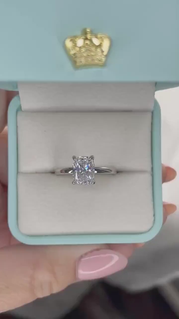 The Madison. Hidden halo.  Sterling Silver 925 2.5CT elongated cushion cut Solitare engagement ring with hidden halo.