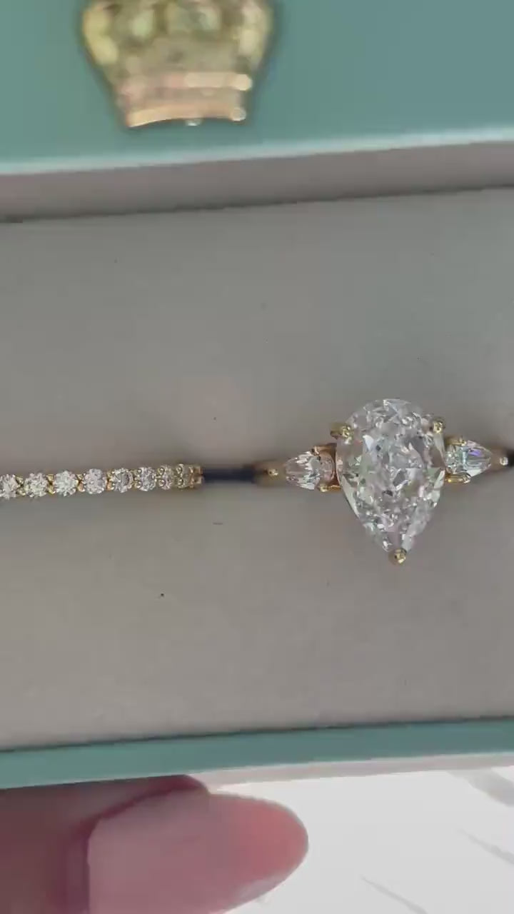 Three Stone Engagement Ring bridal set with Pear Shaped Crushed Ice Simulated Diamond & Moissanite Band, tear drop proposal engagement ring