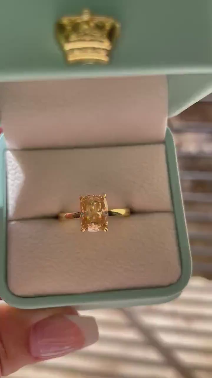 3 carat honey comb, champagne moissanite elongated cushion cut engagement ring with hidden halo, champagne moissanite ring,