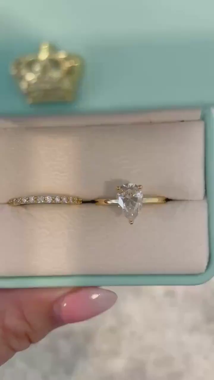 2CT Pear Cut Moissanite Engagement Ring Set , Sterling Silver with 14K Gold or Rhodium Finish and Half Eternity Band, proposal ring