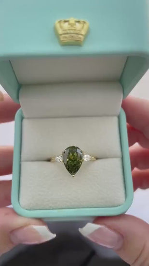 3 Carat Pear cut Olive Green Crushed Ice Simulated Diamond engagement Ring - Sterling Silver 925 , gold vermeil ring, green gemstone ring