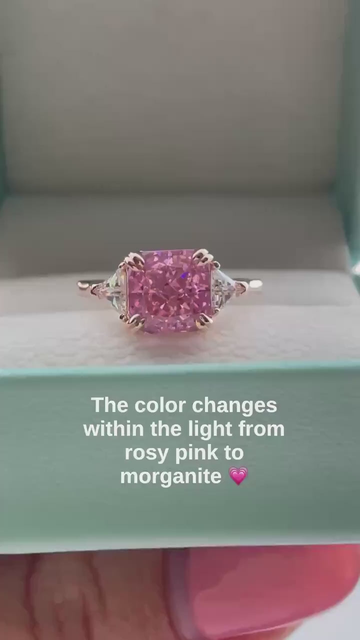 Rose Gold Vermeil Engagement Ring: Pink Crushed Ice CZ, Three Stone