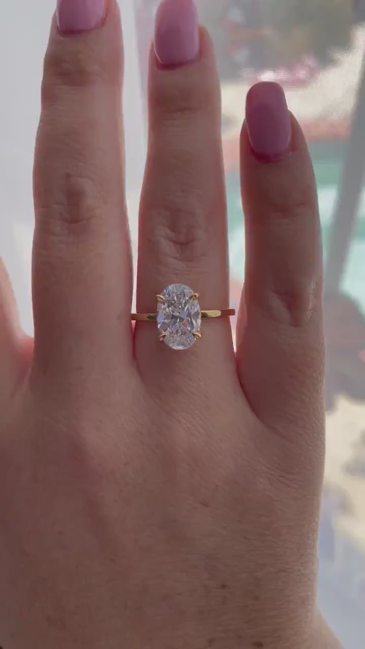 3.5CT Oval Cut Engagement Ring: Yellow Gold Vermeil, Hidden Halo, art deco moisssnite band
