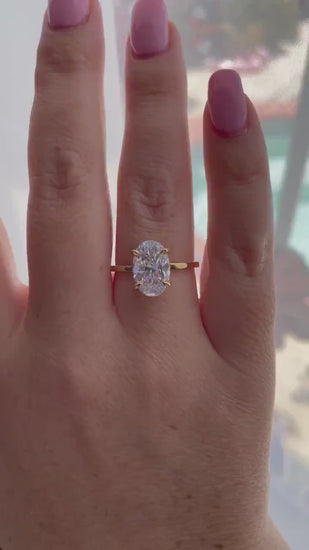 3.5CT Oval Cut Engagement Ring: Yellow Gold Vermeil, Hidden Halo, art deco moisssnite band